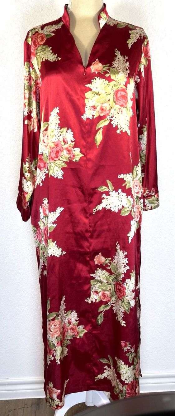 Oscar de la Renta Pink Label Red Floral Satin Maxi Lounge Dress Zip Front L